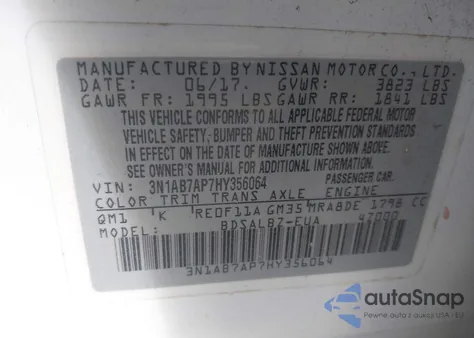 2017 Nissan Sentra S from USA, damaged, VIN 3N1AB7AP7HY356064